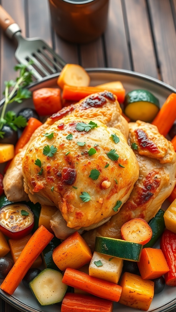 Easy Oven-Baked Chicken Dinner Oven-baked chicken thighs with roasted vegetables on a rustic wooden table.